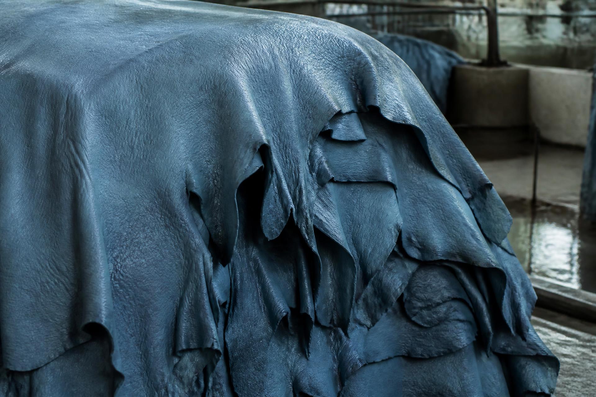 Close view of stacked wet-blue leather hides